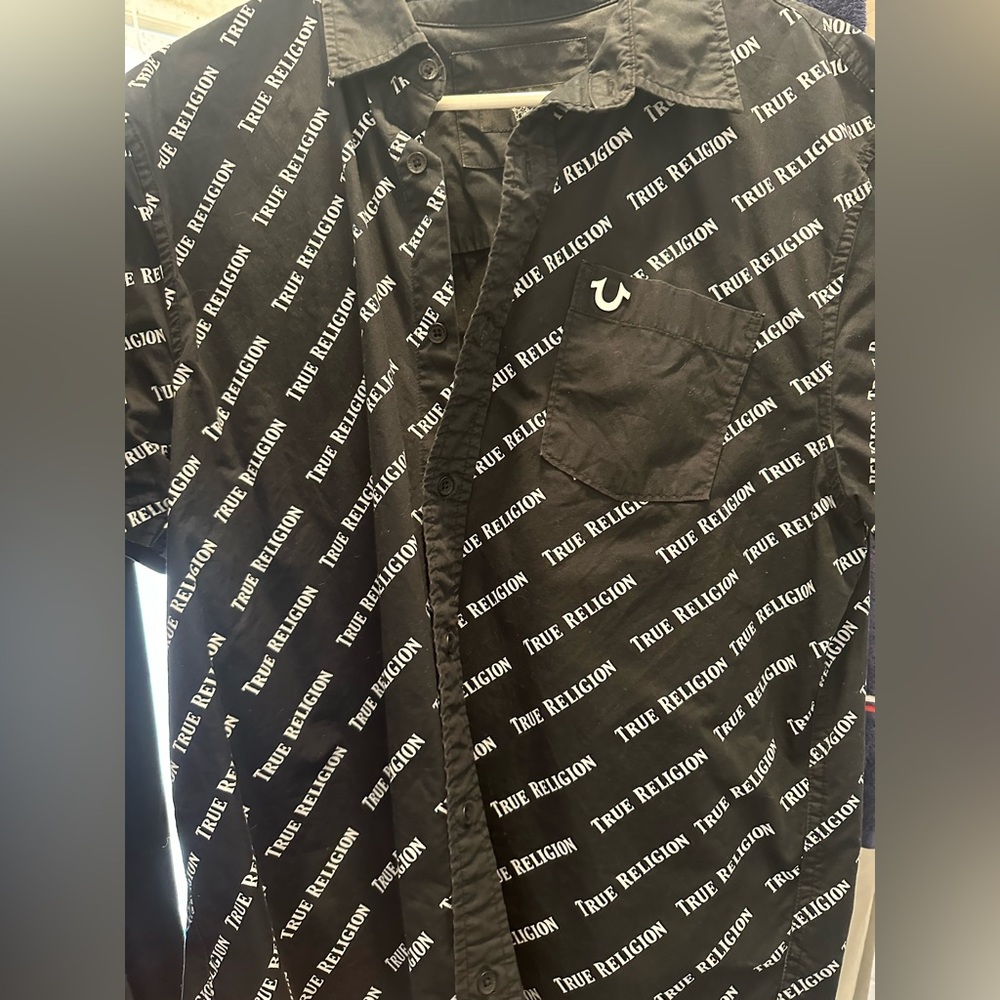 True Religion Button Up shirt Black name print all over